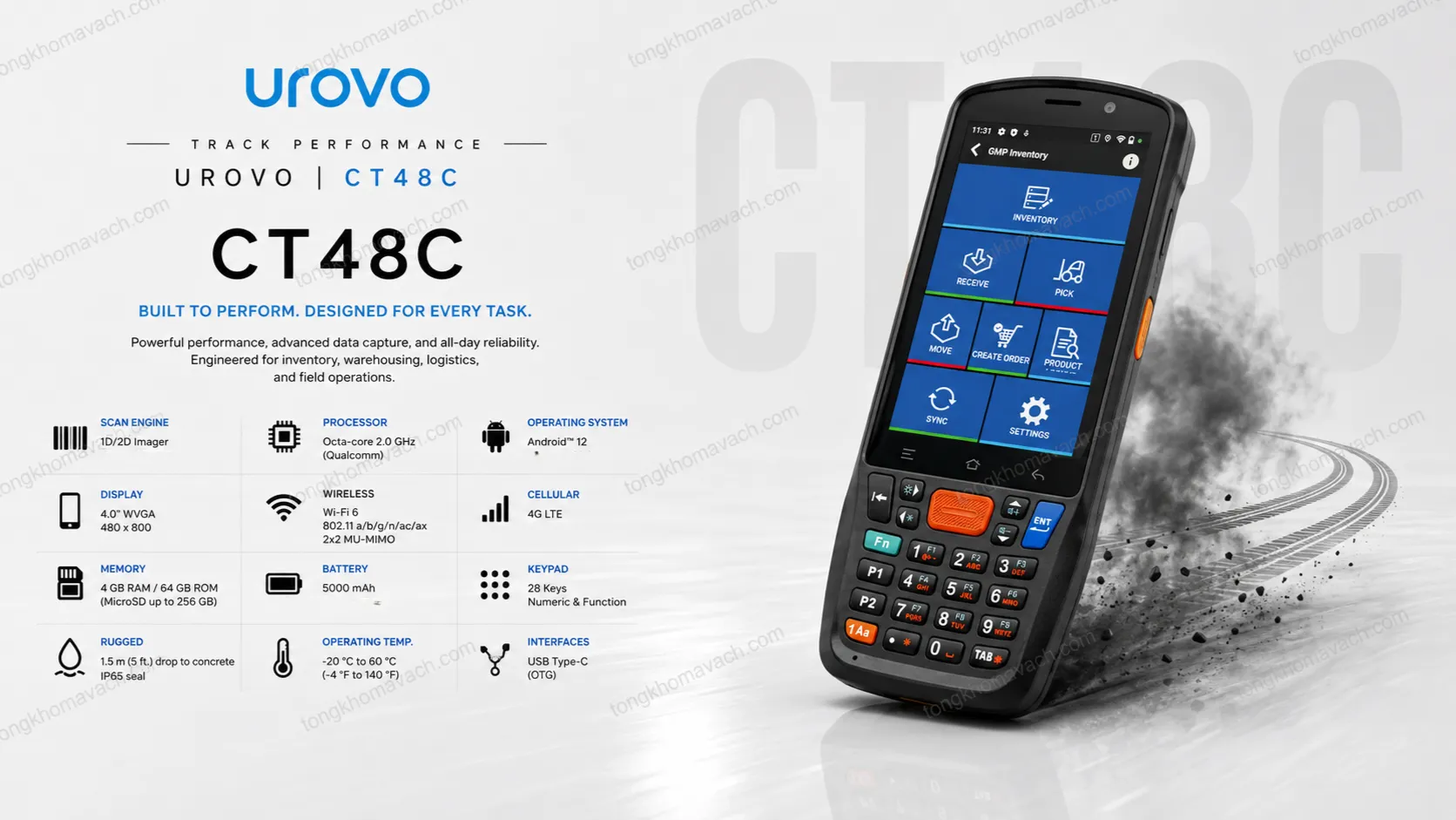M&aacute;y kiểm kho Urovo CT48 &ndash; 252g, rộng 66mm, qu&eacute;t 25&deg; kh&ocirc;ng cần nghi&ecirc;ng, IP67, -20&deg;C đến 60&deg;C, pin 5000mAh, loa 100dB