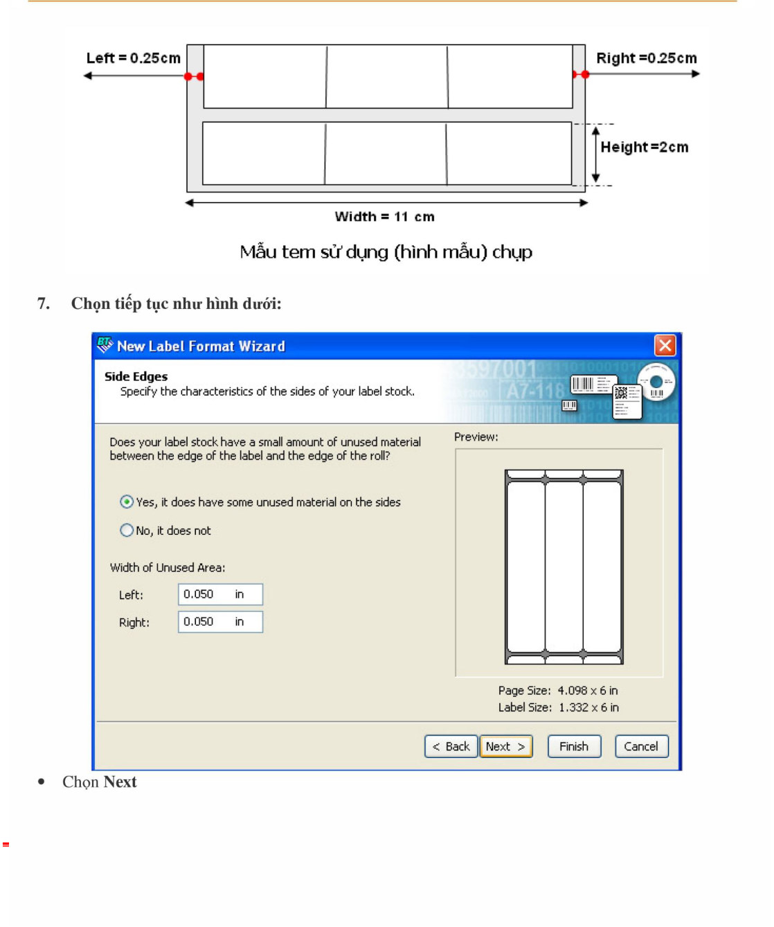 Kích thước mẫu tem 3 nhãn và bước Side Edges