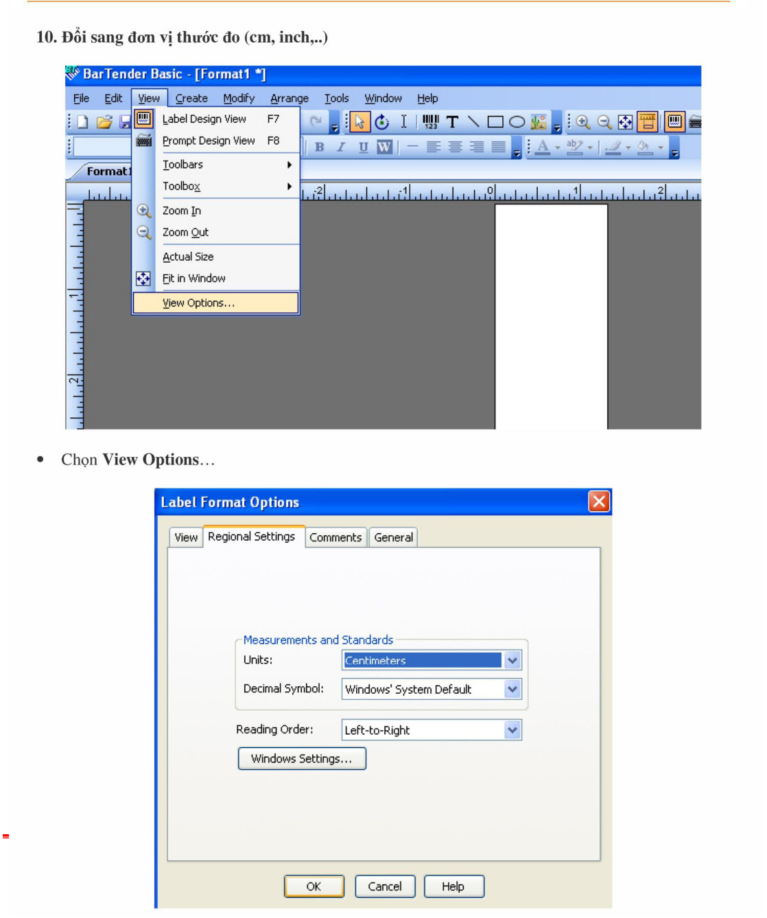 Vào menu View chọn View Options để đổi đơn vị đo