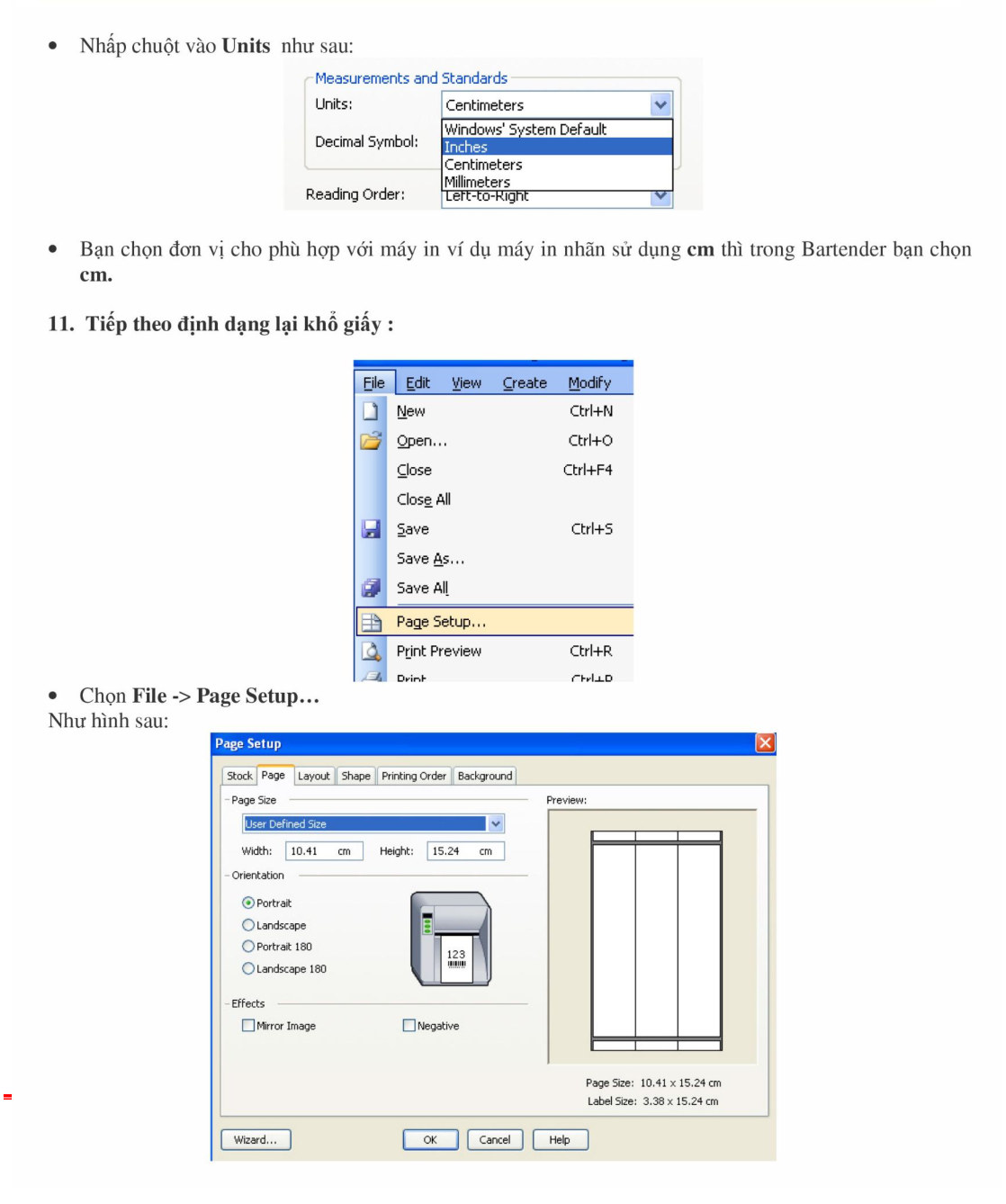Chọn đơn vị Centimeters trong Regional Settings và mở File Page Setup