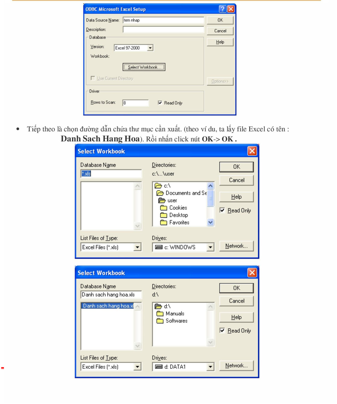 Chọn Select Workbook trỏ tới file Excel Danh sach hang hoa