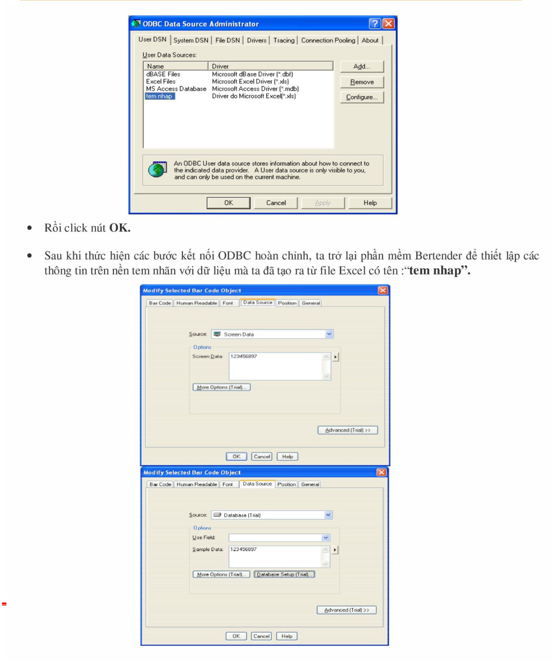 Nguồn tem nhap đã thêm và đổi Source của mã vạch sang Database