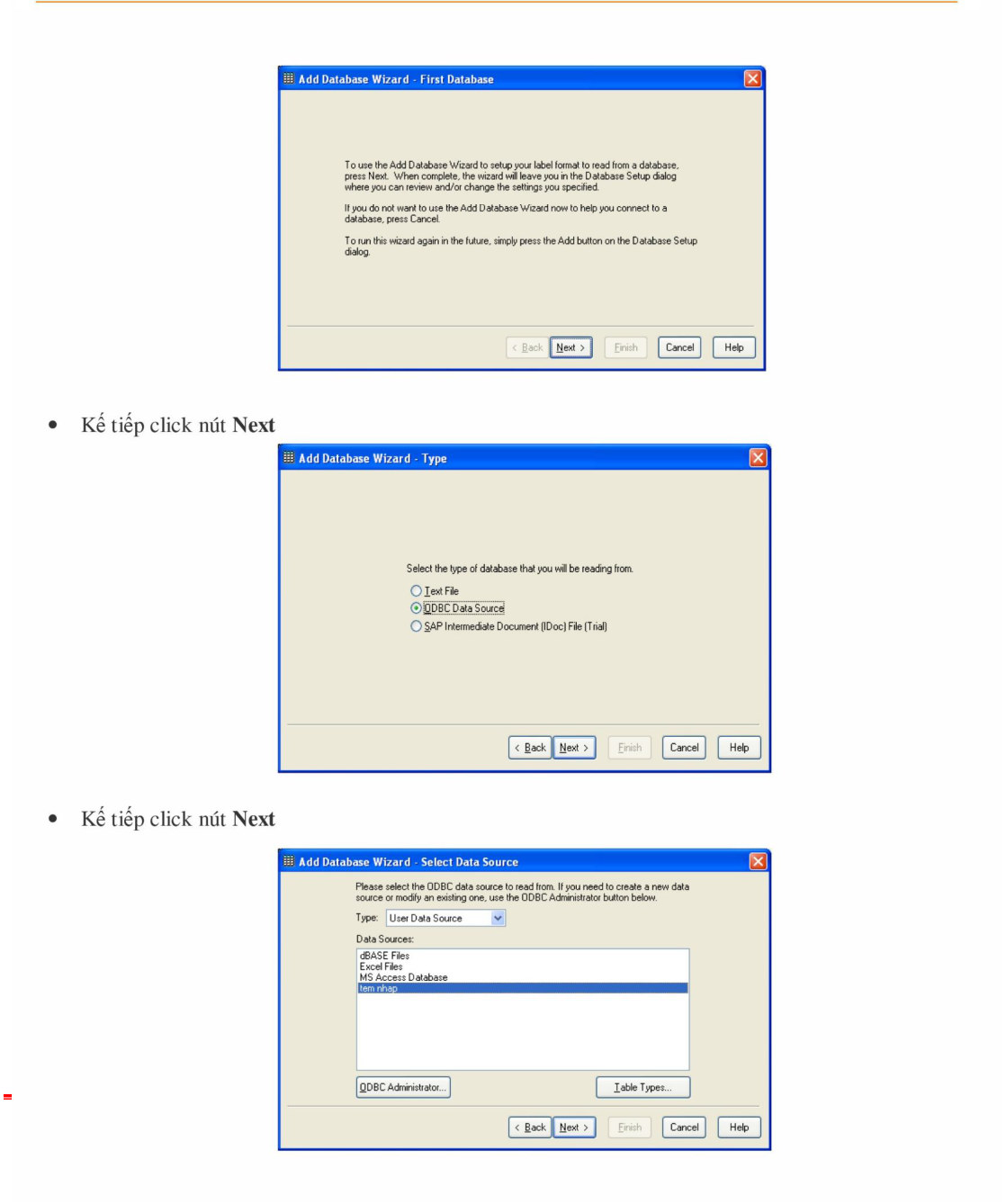 Add Database Wizard chọn ODBC Data Source và nguồn tem nhap