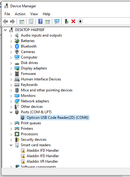 Cổng Opticon USB Code Reader hiển thị COM6 trong Device Manager