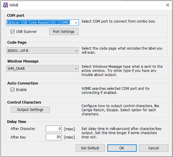 Cấu hình WIME: COM port Opticon, Code Page 65001 utf-8, Window Message WM_CHAR